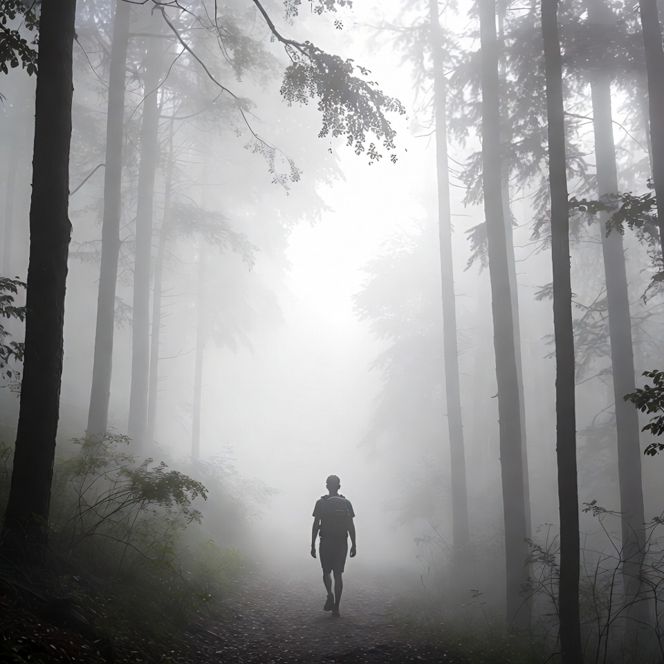 Man walking foggy forest path Man walking foggy forest path