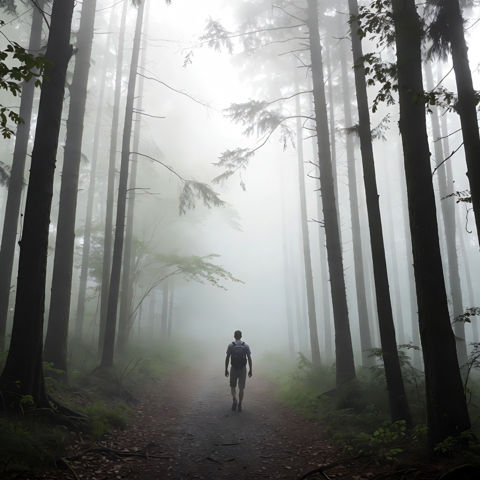 Man walking foggy forest path Man walking foggy forest path