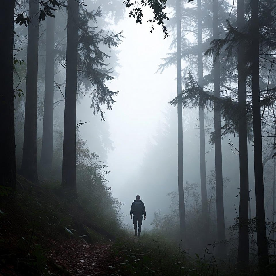 Man walking foggy forest path Man walking foggy forest path