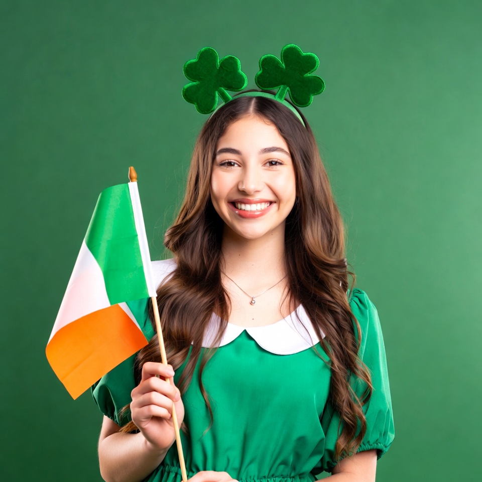 Girl with shamrocks holding Irish flag Girl with shamrocks holding Irish flag