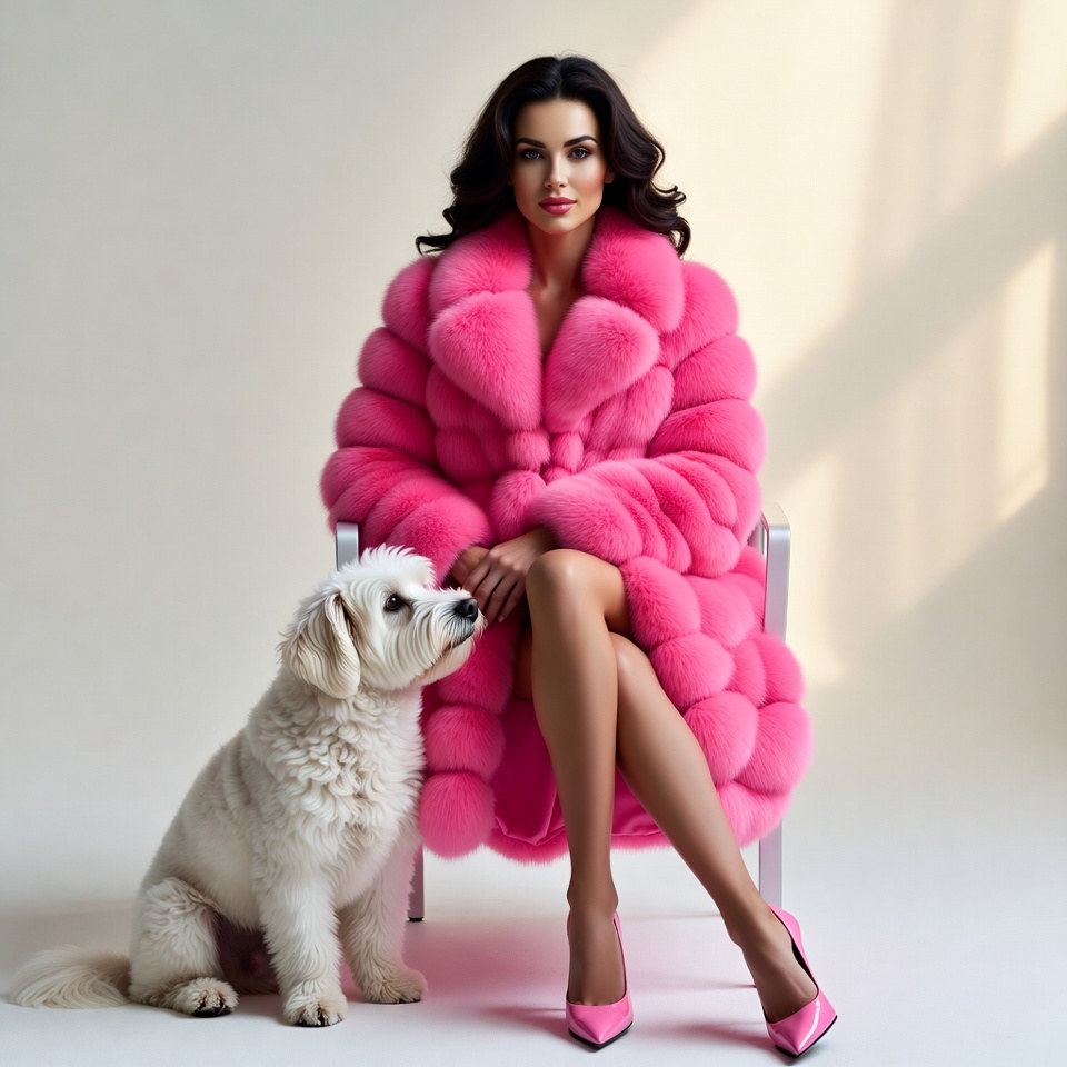 Woman in pink fur coat with Bichon Frise Woman in pink fur coat with Bichon Frise