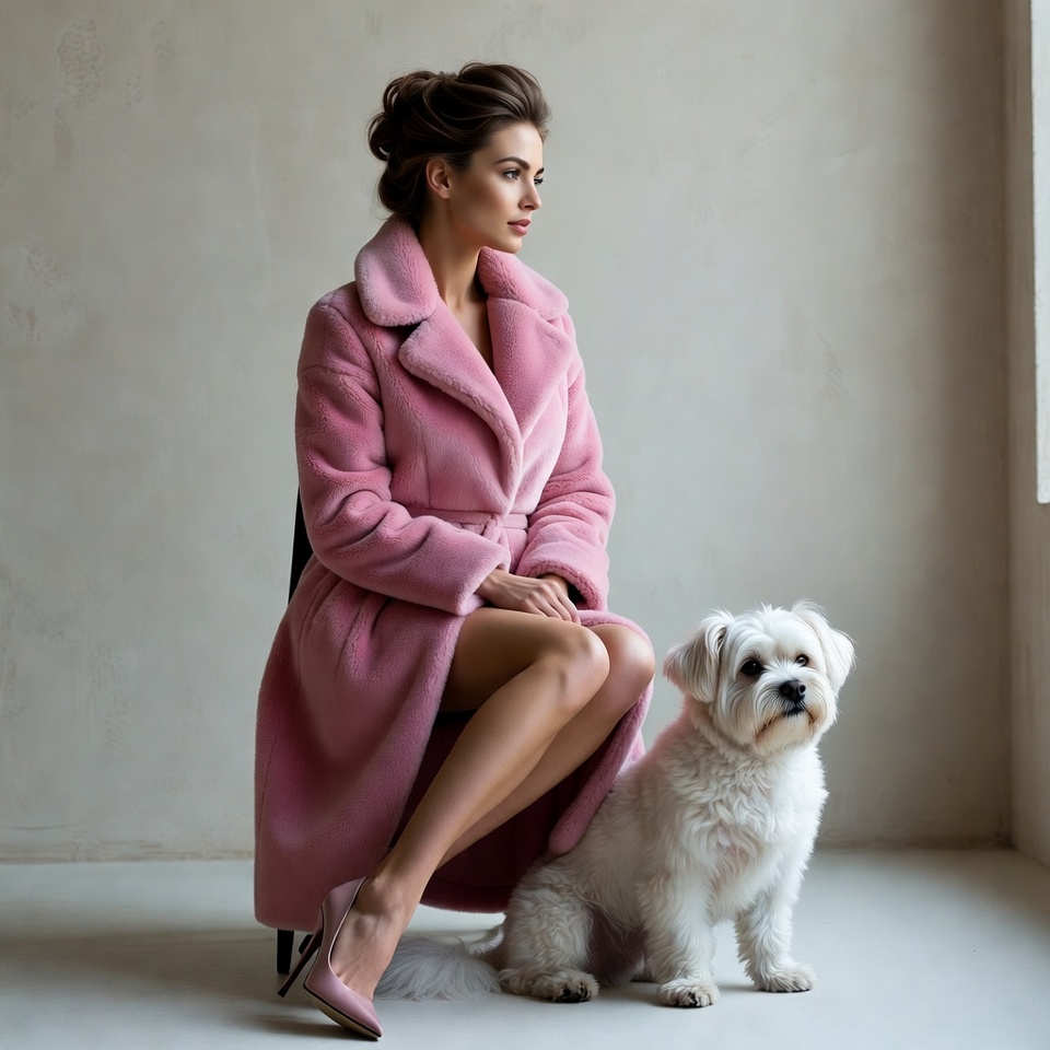 Woman in pink fur coat with white dog Woman in pink fur coat with white dog