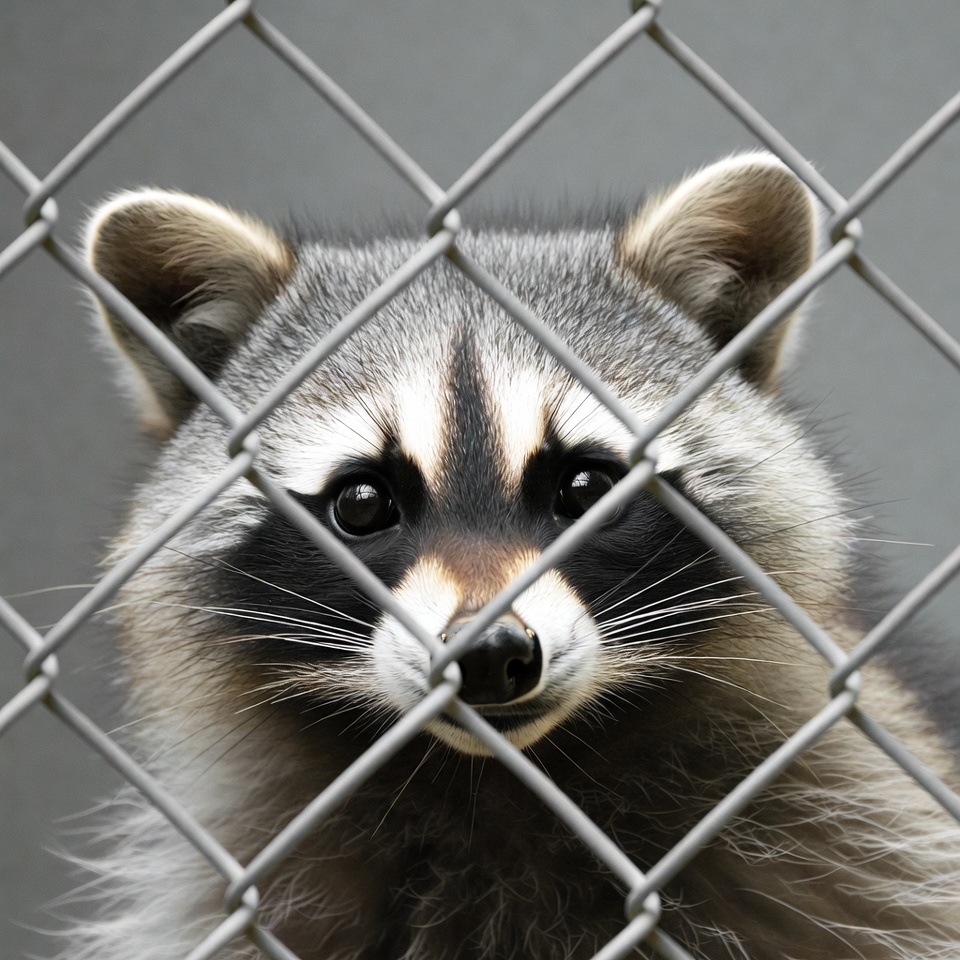 Raccoon peering through chain link fence Raccoon peering through chain link fence