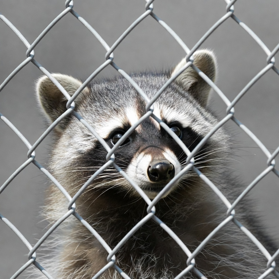 Raccoon peering through chain link fence Raccoon peering through chain link fence