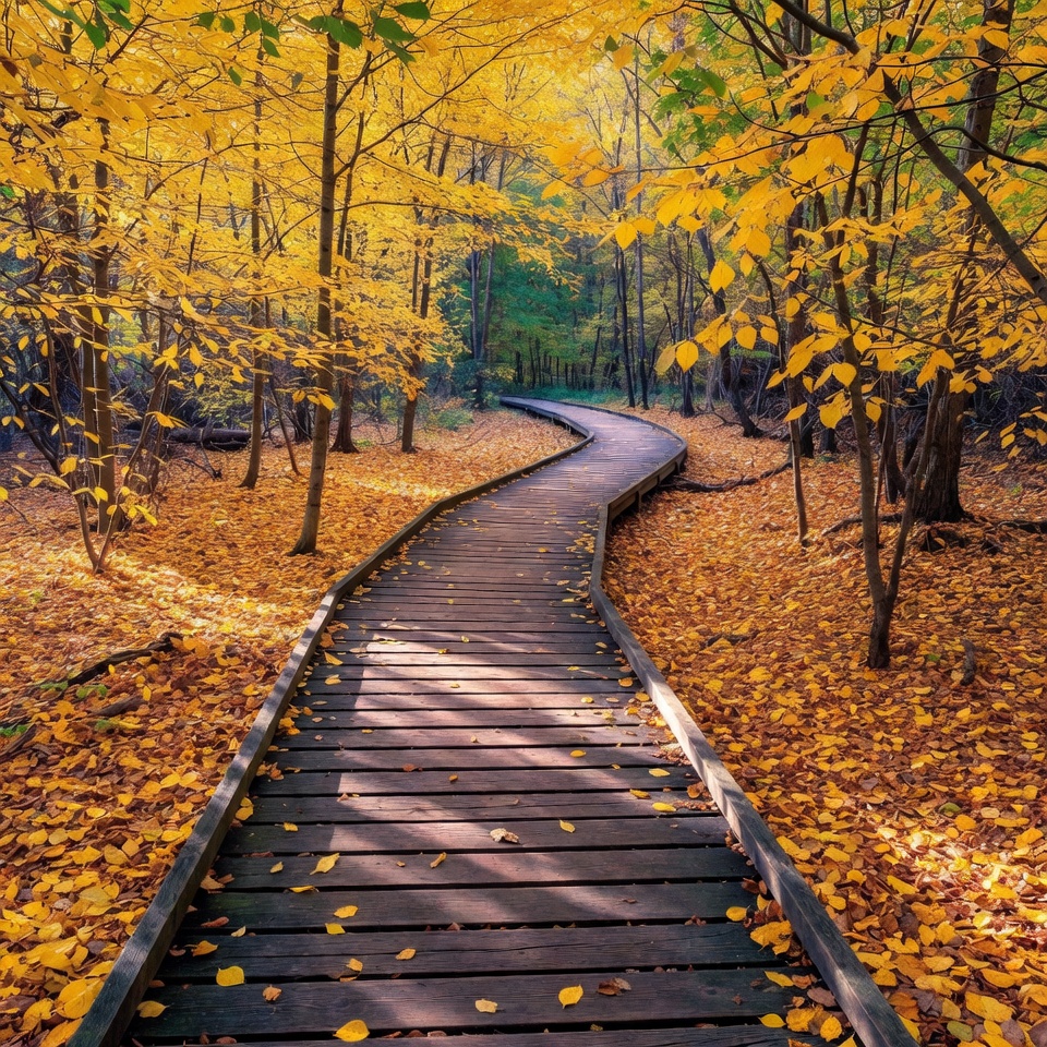 Wooden Boardwalk in Autumn Forest Wooden Boardwalk in Autumn Forest