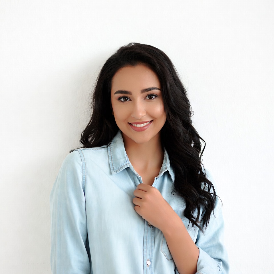Smiling woman in blue shirt Smiling woman in blue shirt