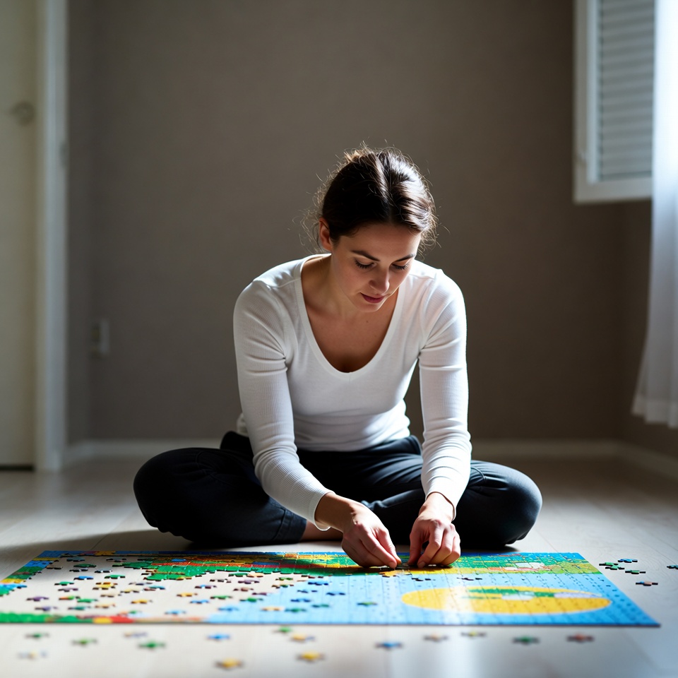 Woman assembling jigsaw puzzle on floor Woman assembling jigsaw puzzle on floor
