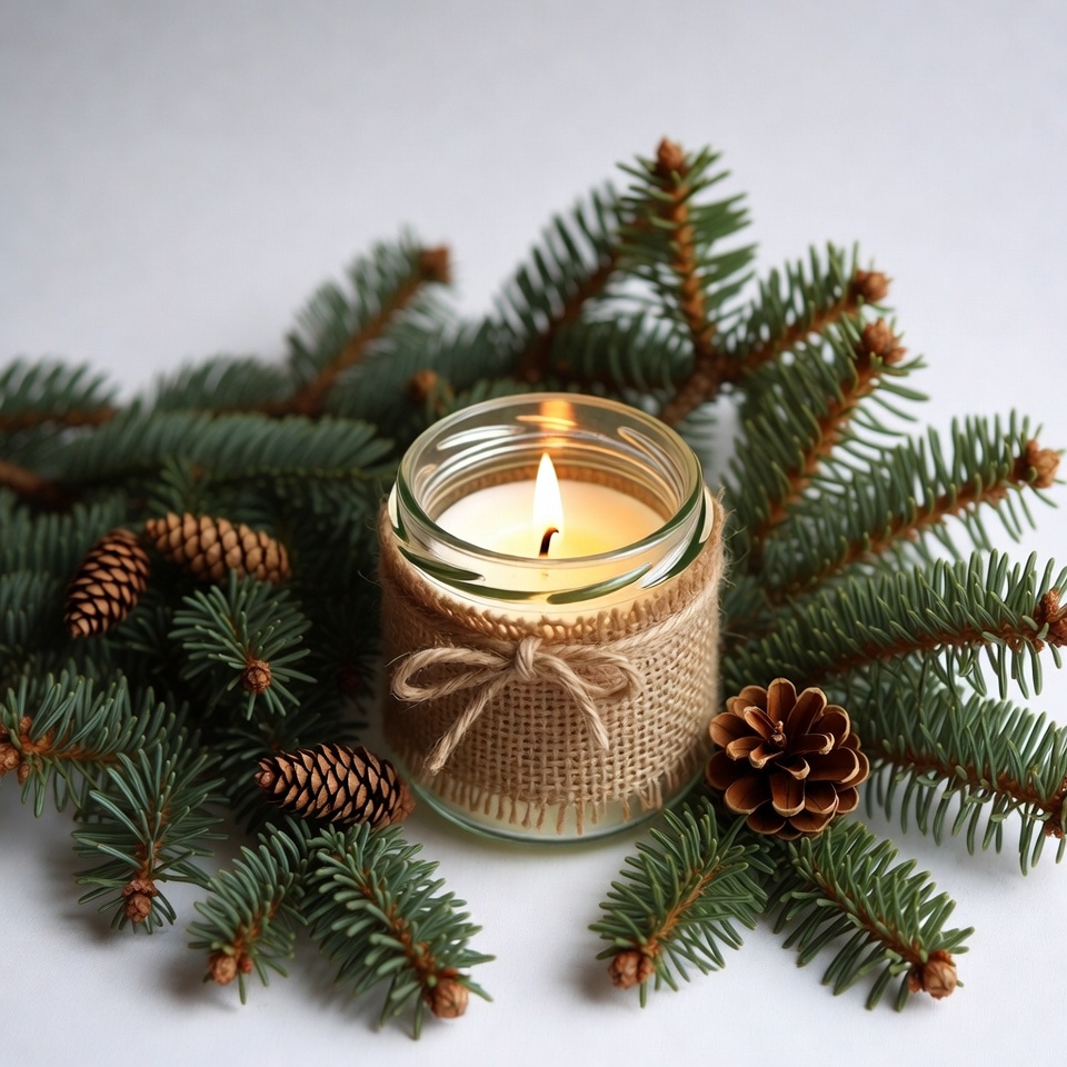 Lit Candle with Pine Branches and Cones Lit Candle with Pine Branches and Cones