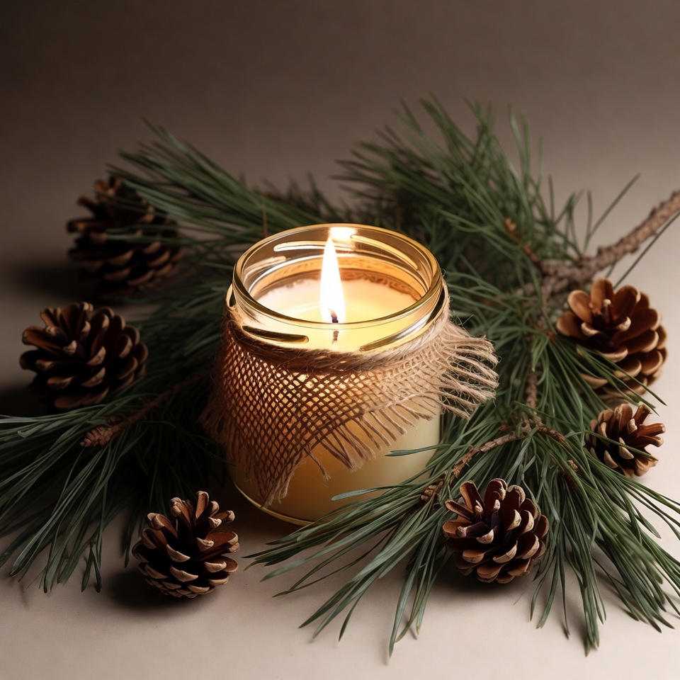 Lit Candle with Pine Branches and Cones Lit Candle with Pine Branches and Cones