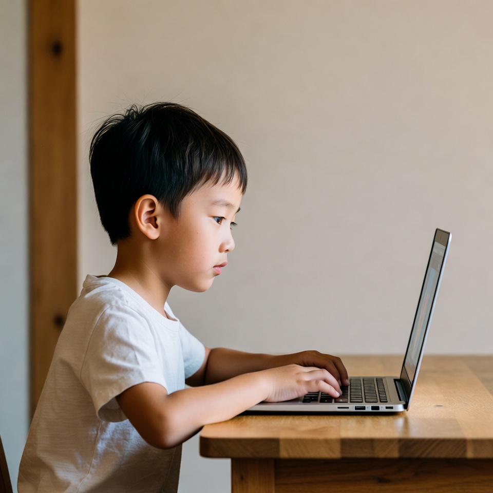 Asian boy using laptop at table Asian boy using laptop at table