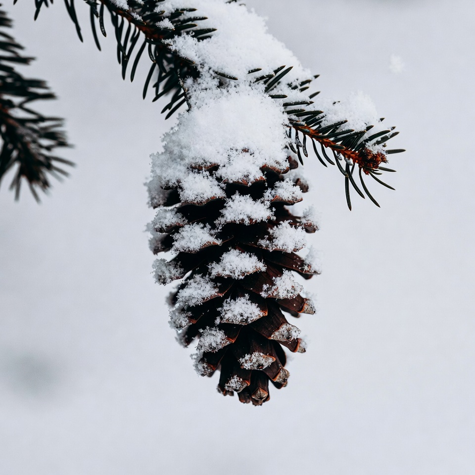 Snowy Pine Cone on Branch Snowy Pine Cone on Branch