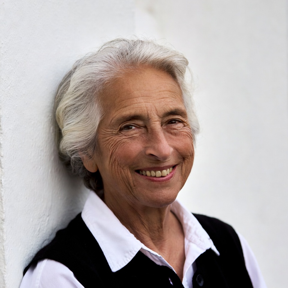Elderly woman smiling against white wall Elderly woman smiling against white wall