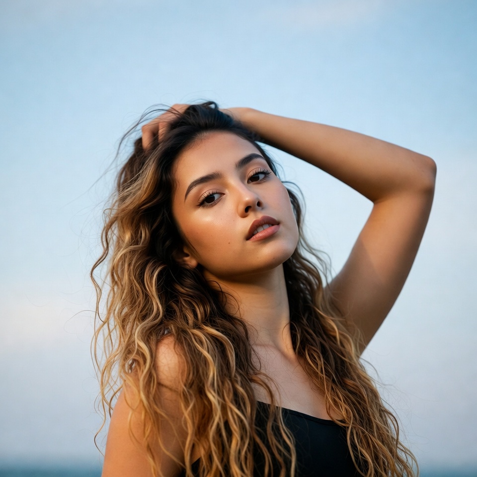 Young woman with hand in wavy hair Young woman with hand in wavy hair