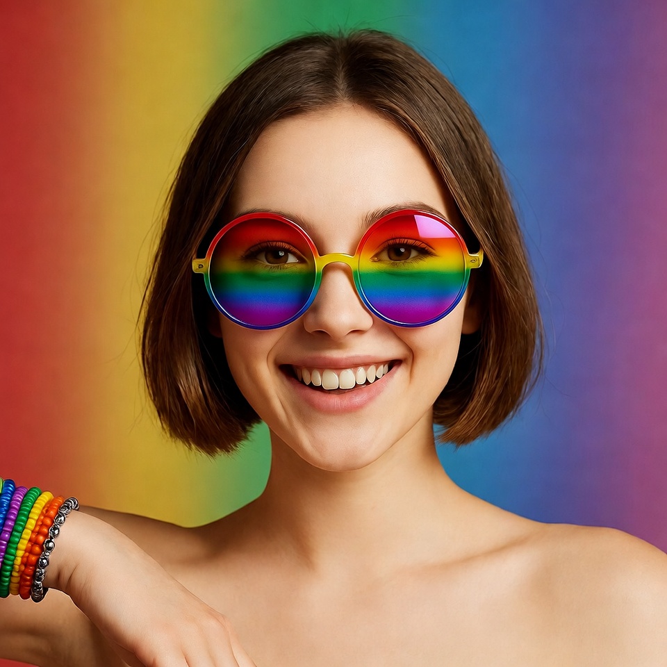 Woman wearing rainbow glasses smiling Woman wearing rainbow glasses smiling