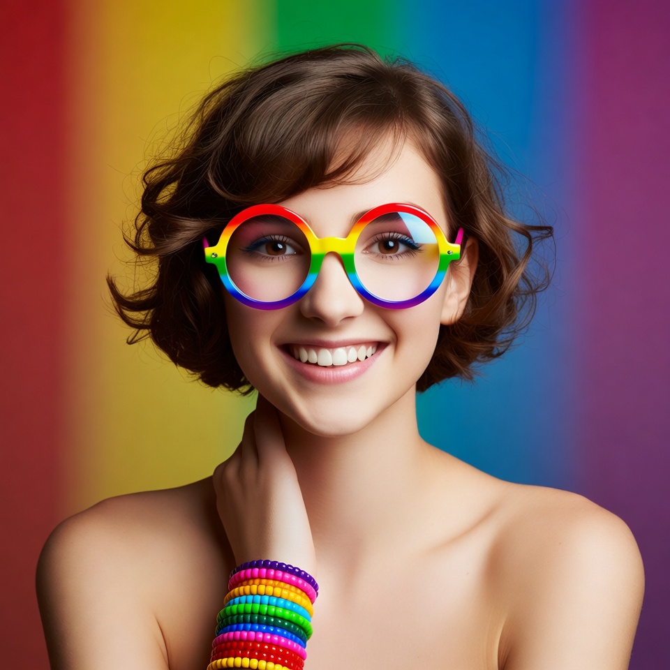 Woman with rainbow glasses smiling Woman with rainbow glasses smiling