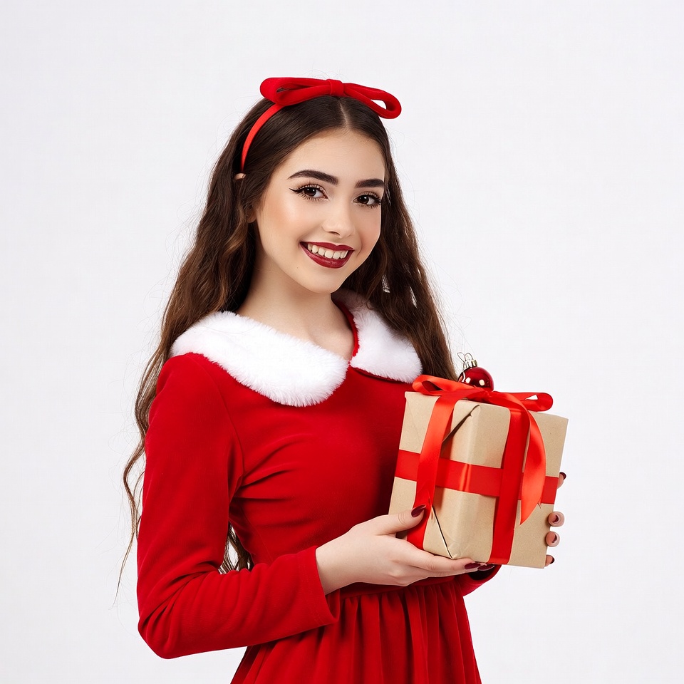 Woman in red Santa dress holding Christmas gift Woman in red Santa dress holding Christmas gift