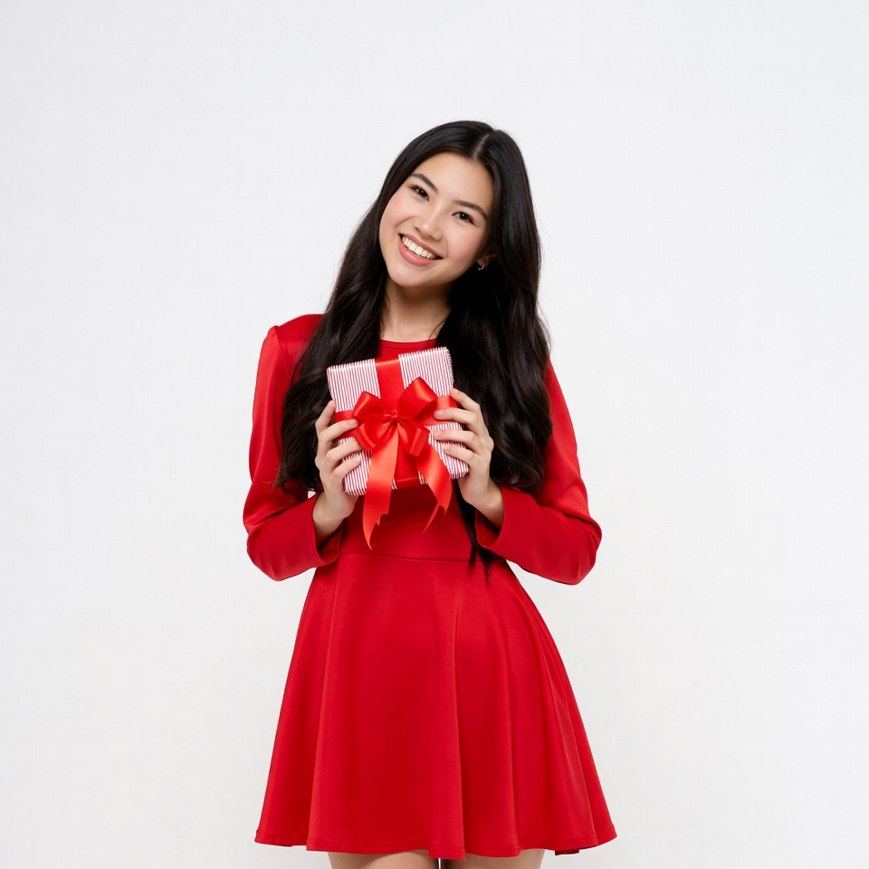 Asian woman holding pink gift box Asian woman holding pink gift box