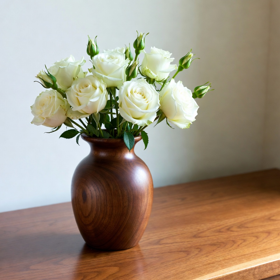 White Roses in Wooden Vase White Roses in Wooden Vase