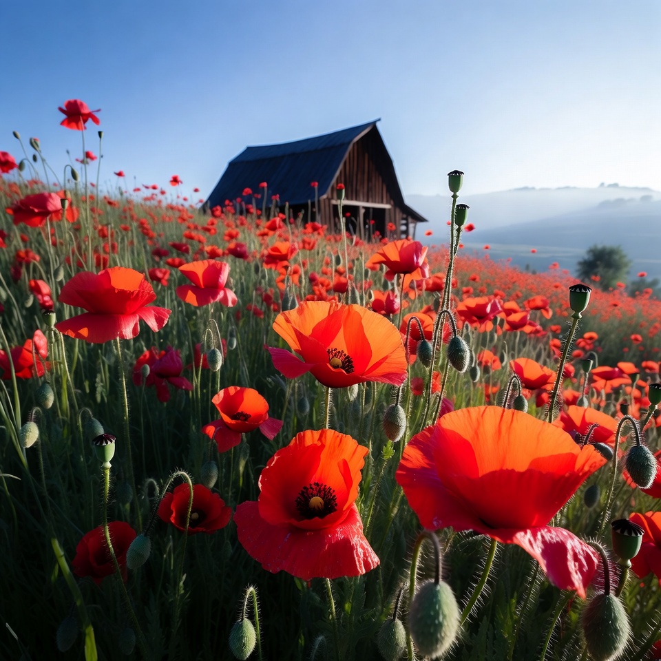 Red Poppy Field with Wooden Barn Red Poppy Field with Wooden Barn