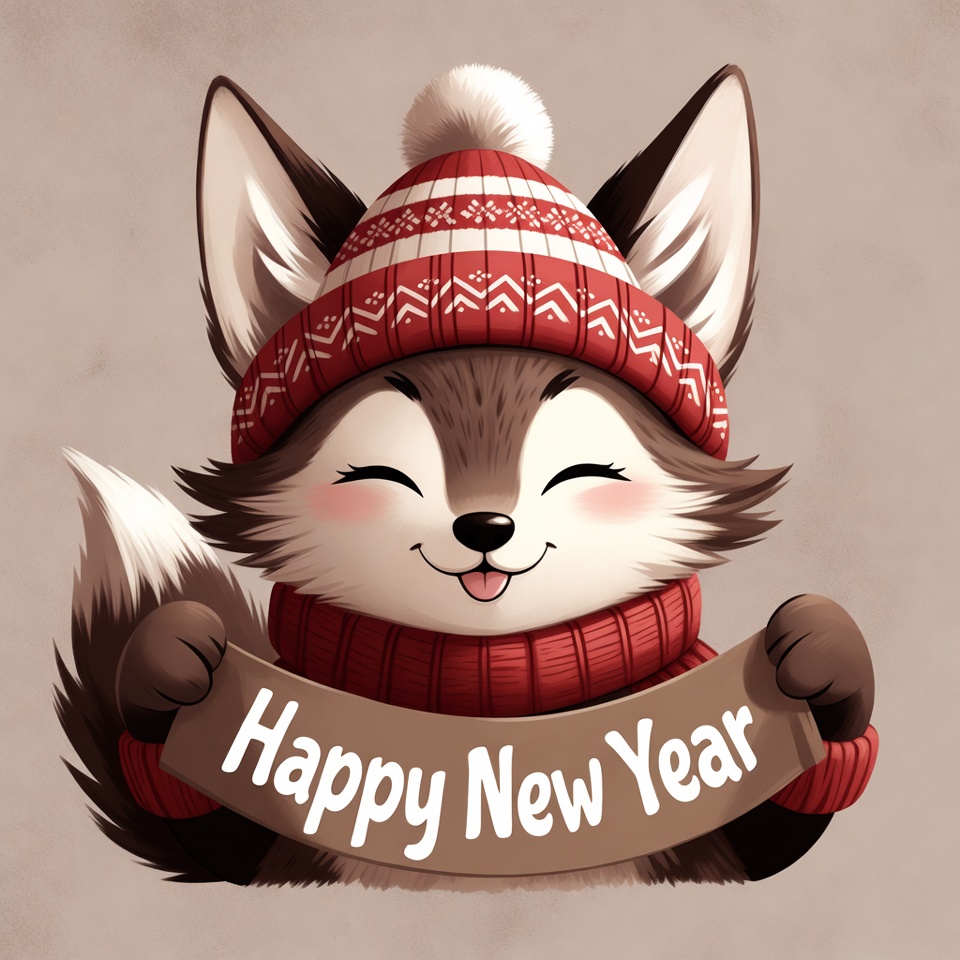 Cute Fox Holding Happy New Year Sign Cute Fox Holding Happy New Year Sign