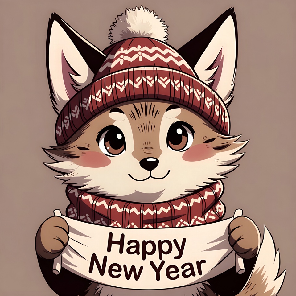 Cute Fox Holding Happy New Year Banner Cute Fox Holding Happy New Year Banner