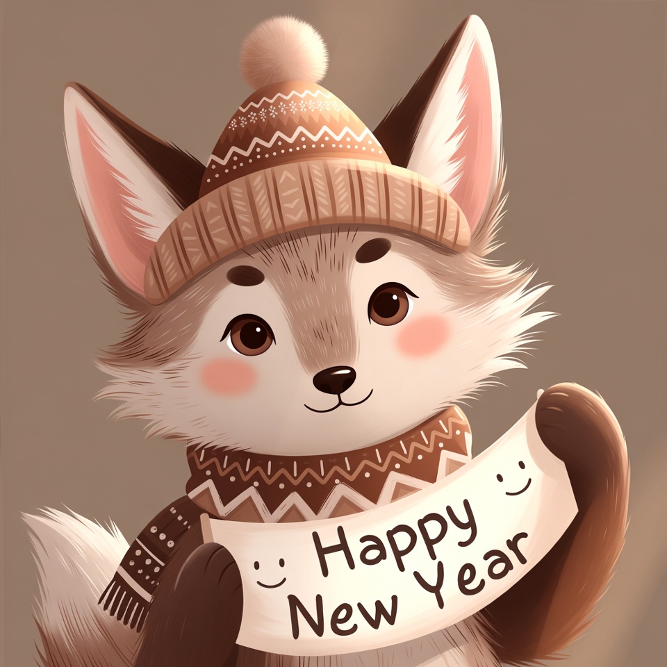 Cute Fox Holding Happy New Year Sign Cute Fox Holding Happy New Year Sign