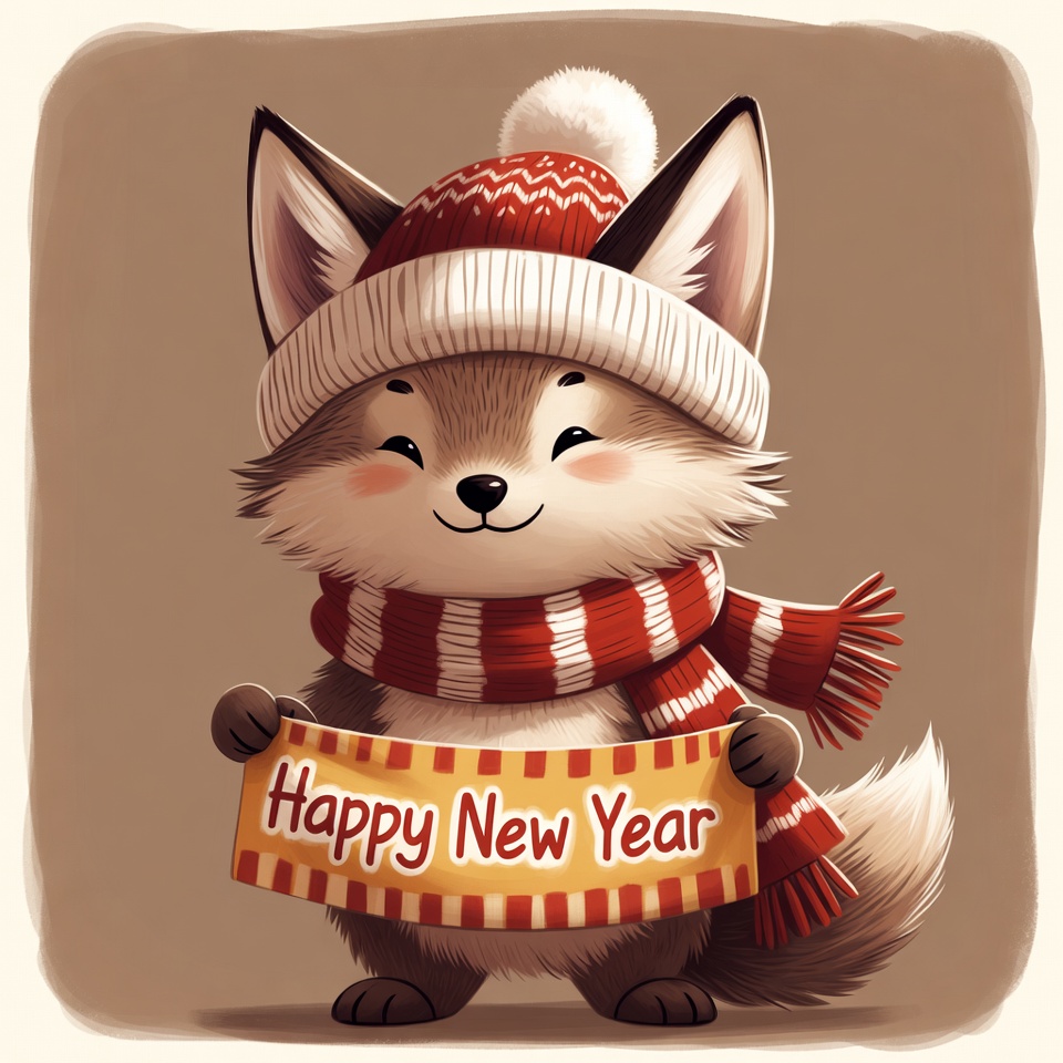 Cute Fox Holding Happy New Year Sign Cute Fox Holding Happy New Year Sign