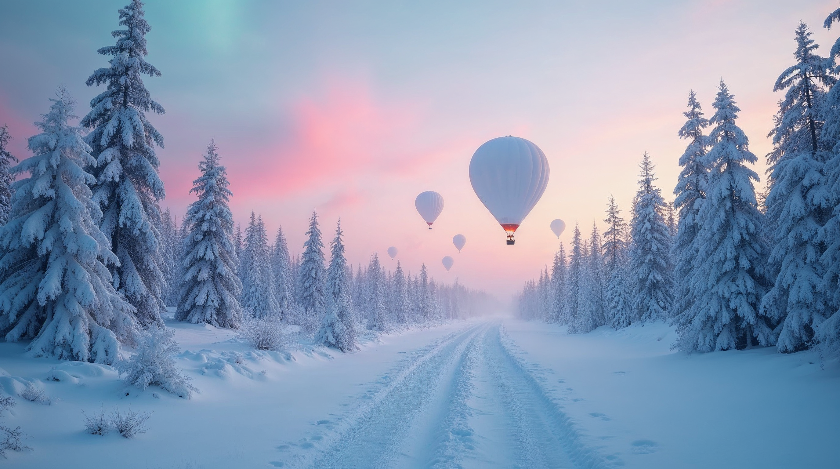 Hot air balloons over snowy forest path Hot air balloons over snowy forest path