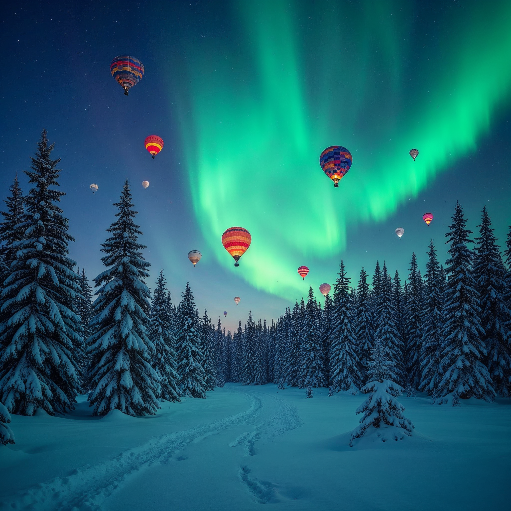 Hot air balloons under northern lights Hot air balloons under northern lights