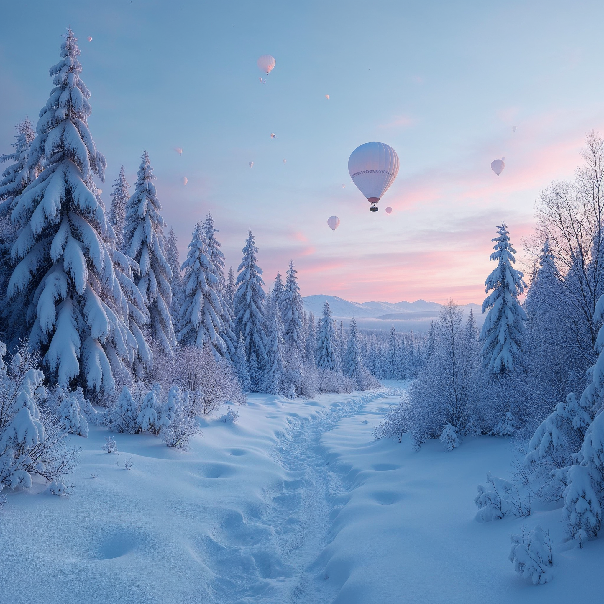 Hot air balloons over snowy forest Hot air balloons over snowy forest