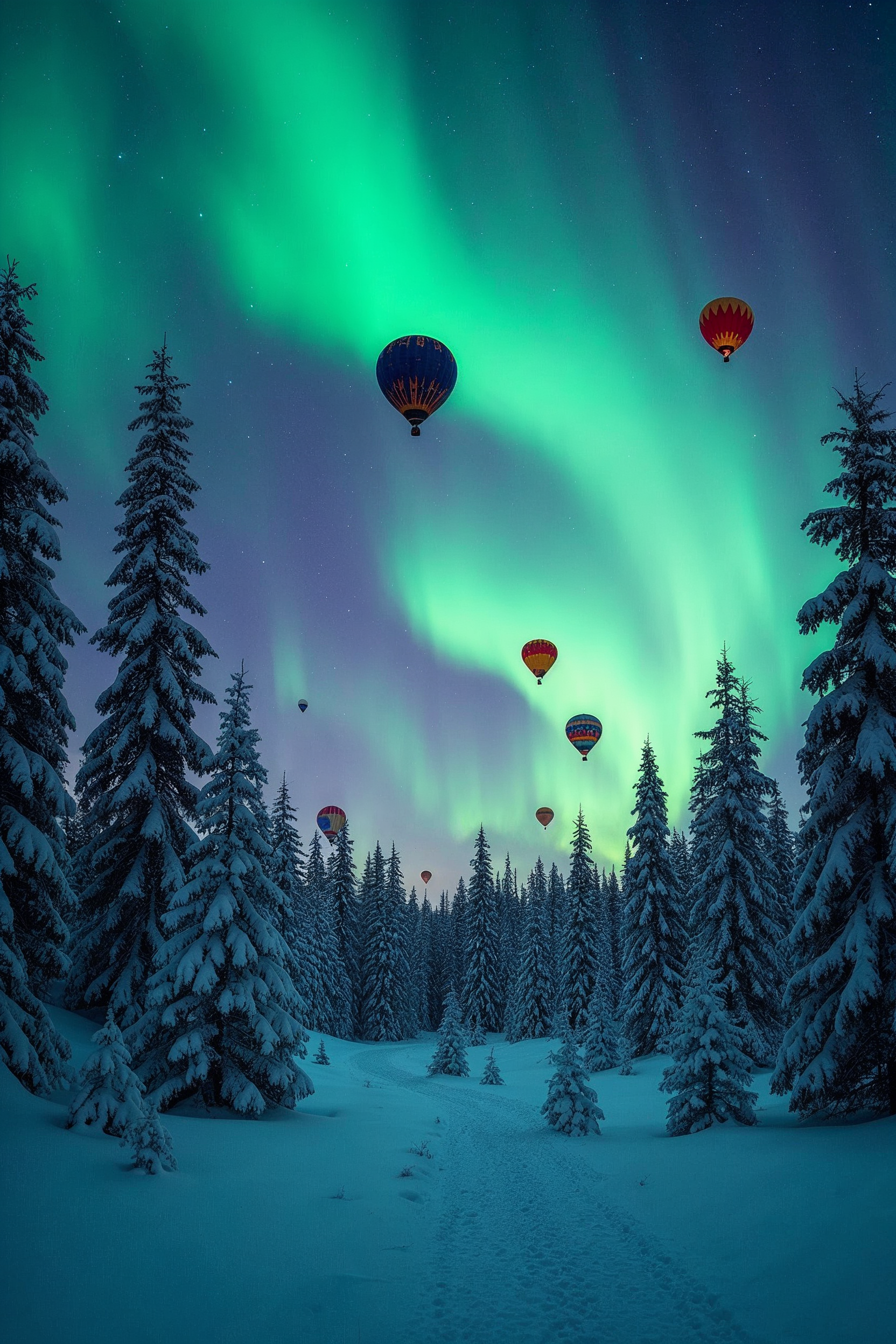 Hot air balloons under northern lights Hot air balloons under northern lights