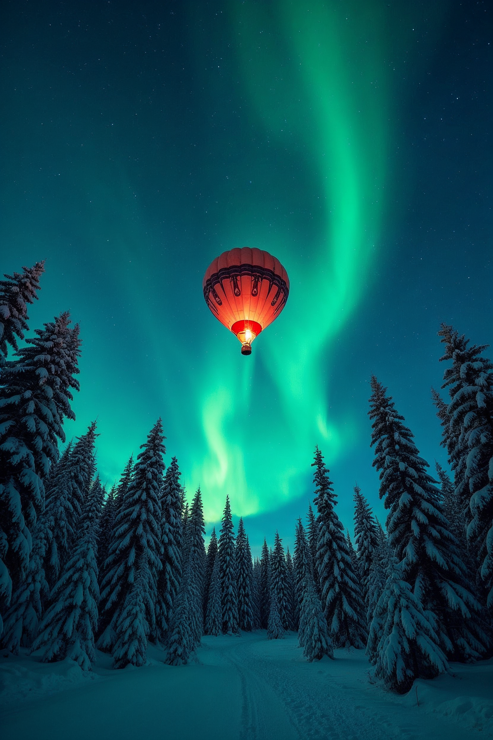 Red Hot Air Balloon Under Aurora Borealis Red Hot Air Balloon Under Aurora Borealis