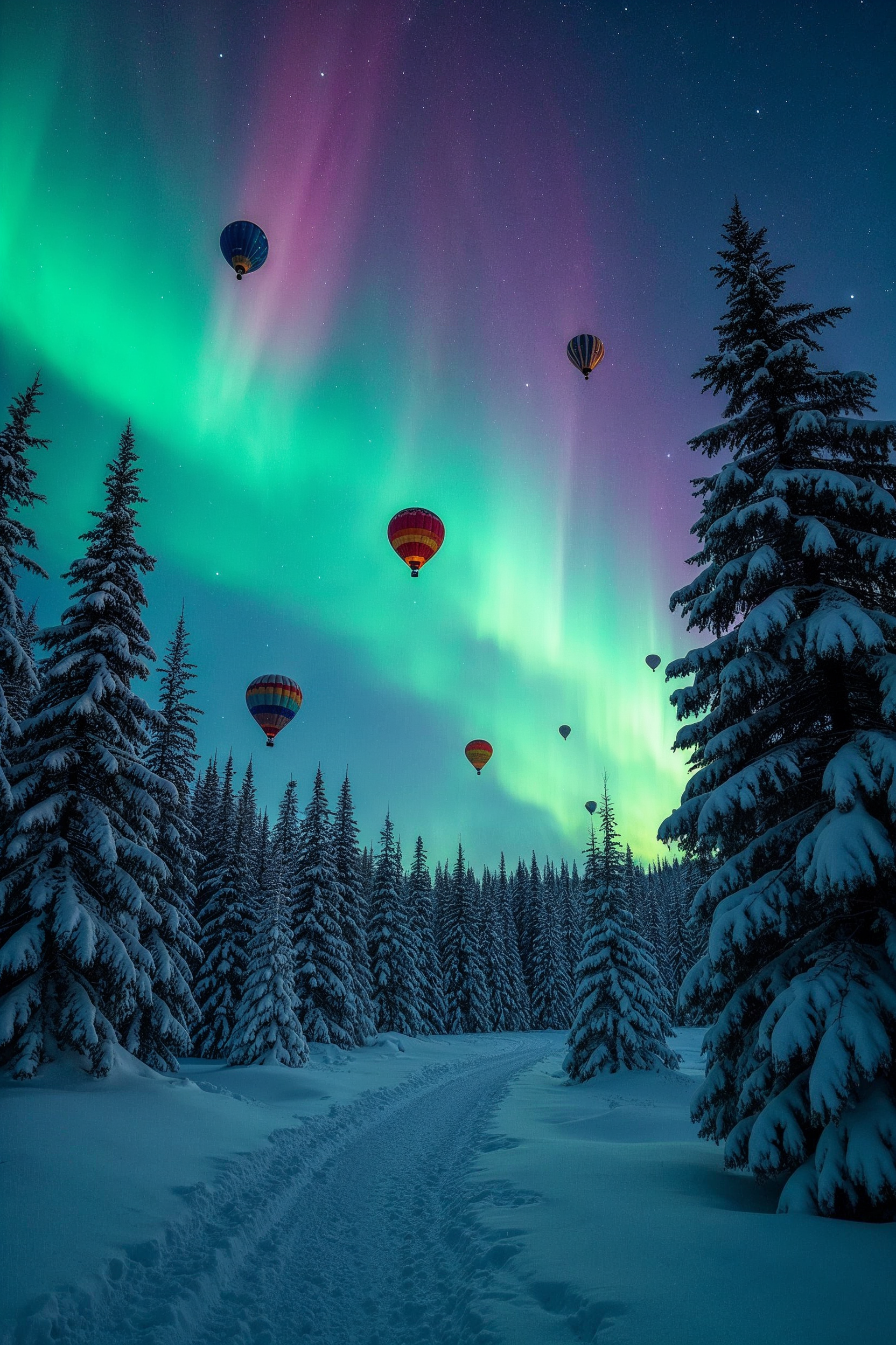 Hot air balloons under northern lights Hot air balloons under northern lights