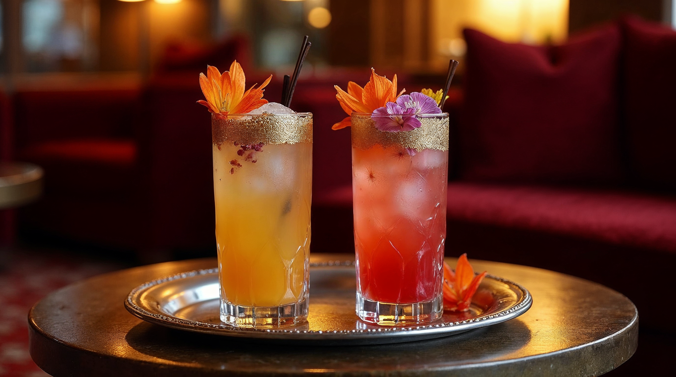 Two Cocktails with Orange Flowers on Tray Two Cocktails with Orange Flowers on Tray