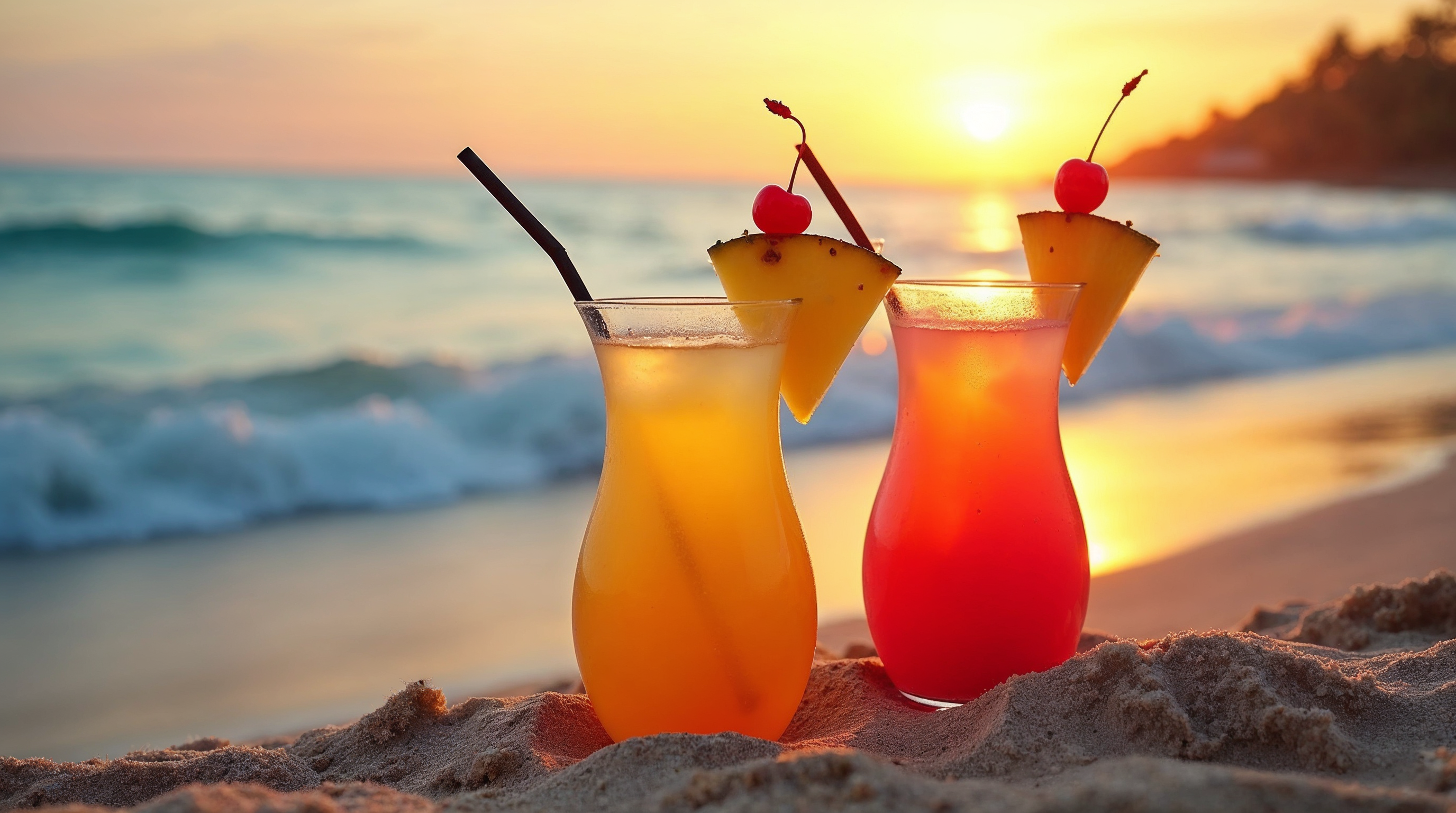 Two Tropical Cocktails on Beach at Sunset Two Tropical Cocktails on Beach at Sunset