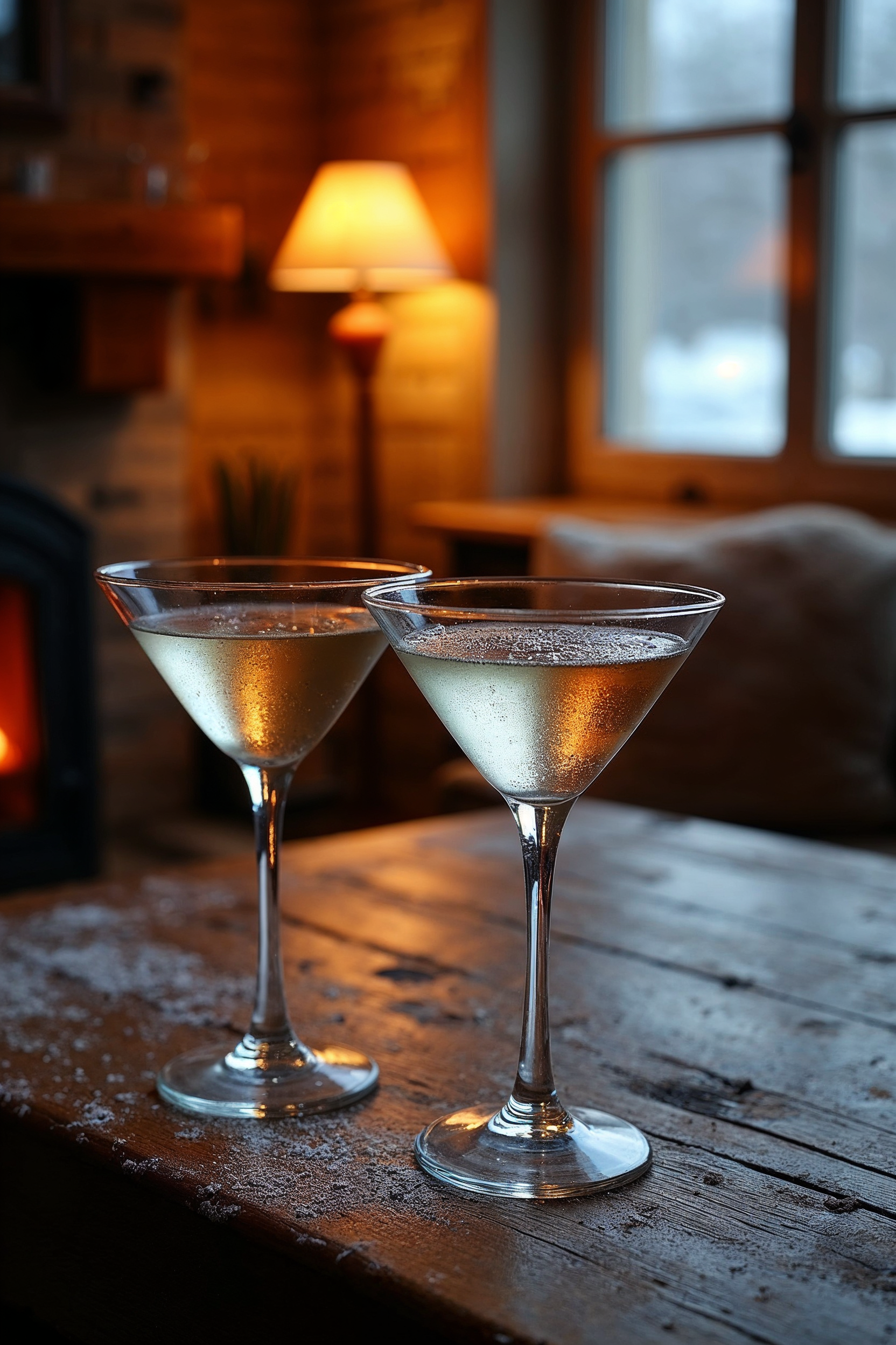 Two Martini Glasses on Wooden Table Two Martini Glasses on Wooden Table
