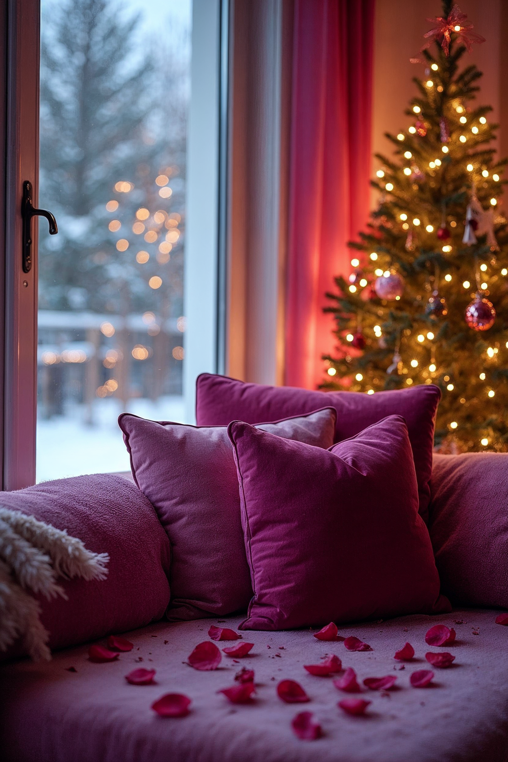 Pink Couch with Christmas Tree and Snowy Window Pink Couch with Christmas Tree and Snowy Window