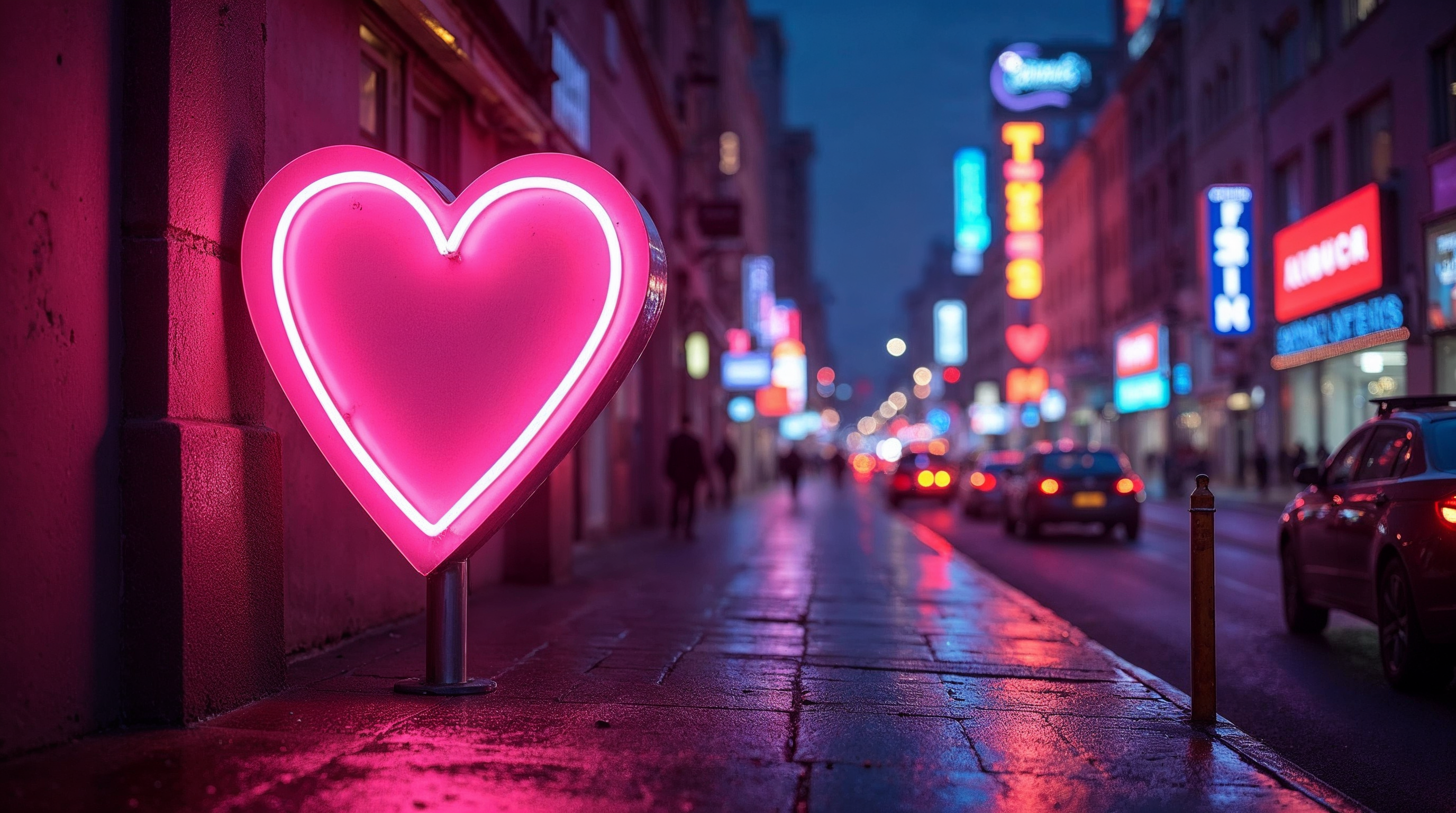Neon Pink Heart on Wet Night Street Neon Pink Heart on Wet Night Street