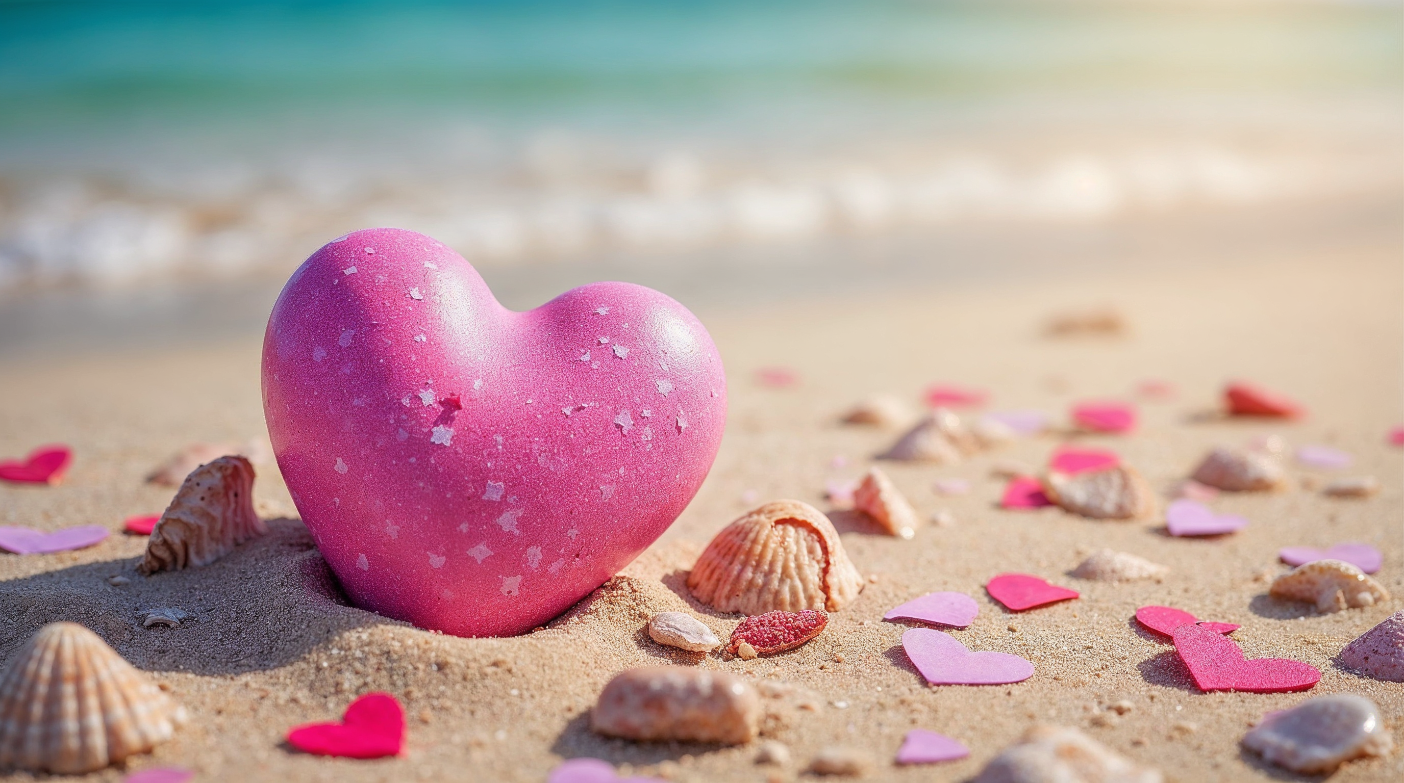 Pink heart on beach with seashells Pink heart on beach with seashells