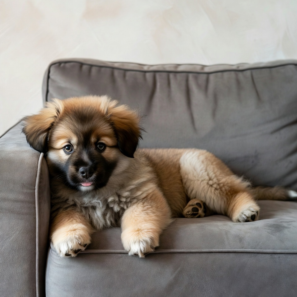 Fluffy puppy lounging on gray couch Fluffy puppy lounging on gray couch