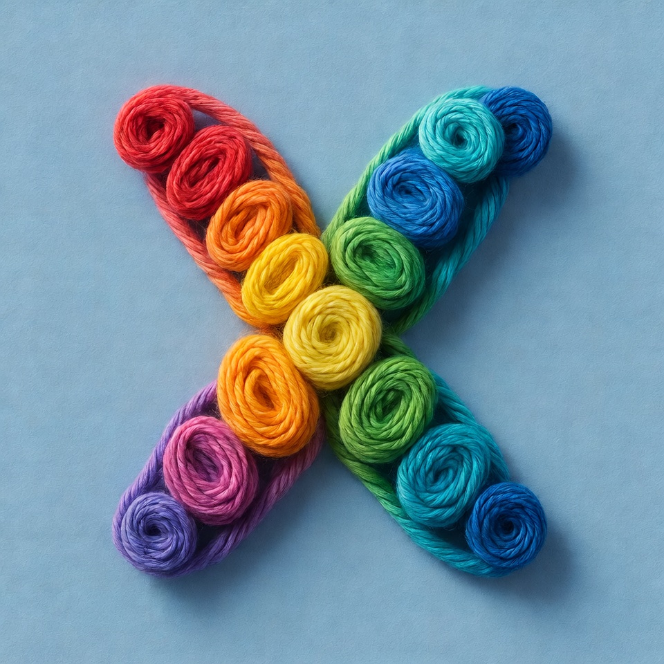 Rainbow yarn X on blue background Rainbow yarn X on blue background