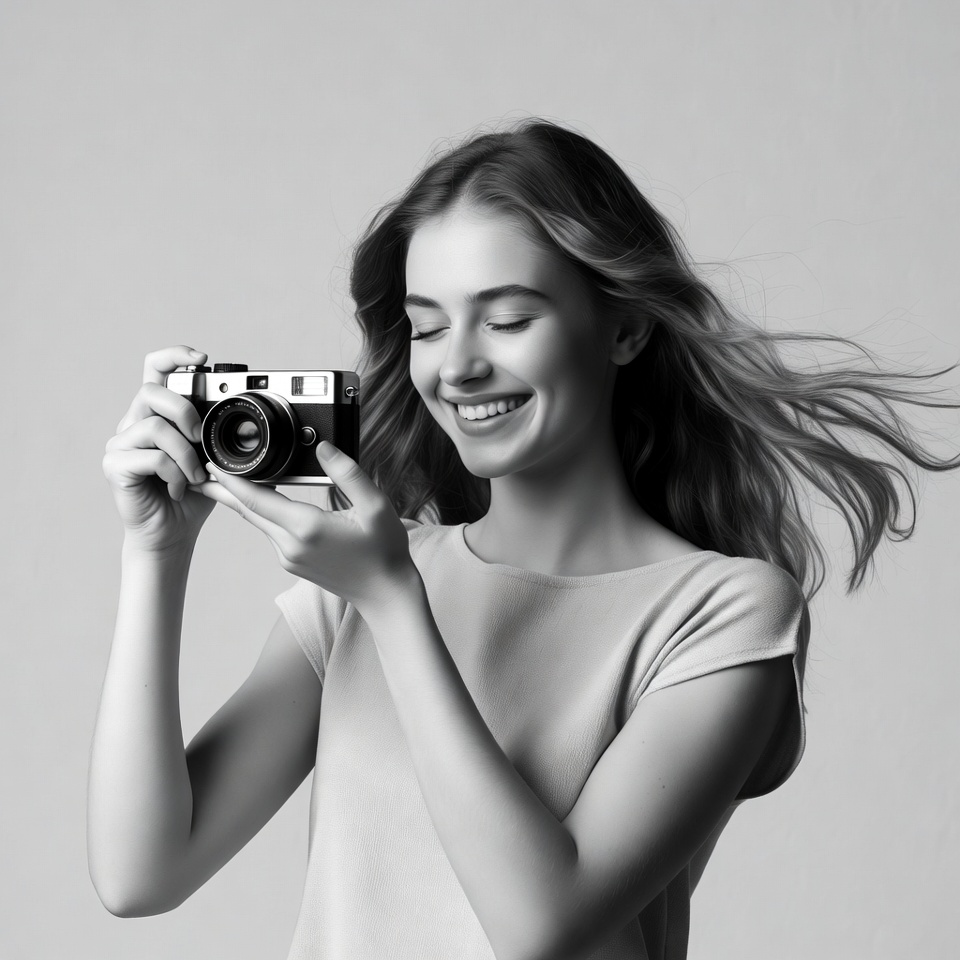Young woman holding vintage camera Young woman holding vintage camera