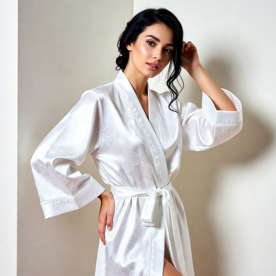 Woman in white silk kimono robe Woman in white silk kimono robe