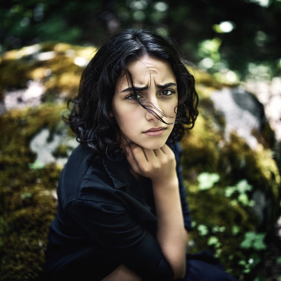 Woman with hand on chin in forest Woman with hand on chin in forest