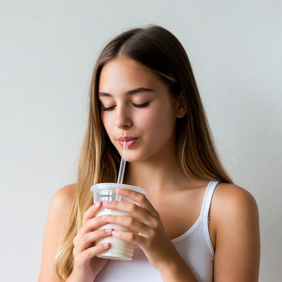 Young woman drinking milk through straw Young woman drinking milk through straw