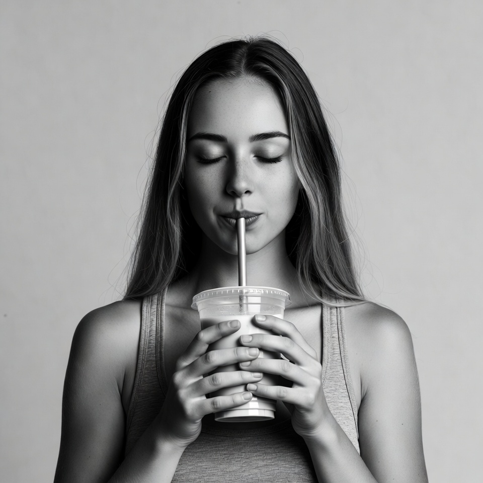 Woman drinking milkshake through straw Woman drinking milkshake through straw
