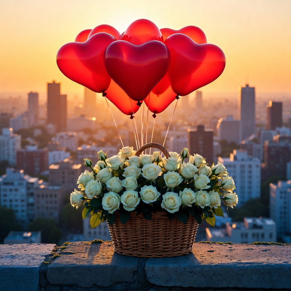 Heart Balloons and Roses at Sunset Cityscape Heart Balloons and Roses at Sunset Cityscape