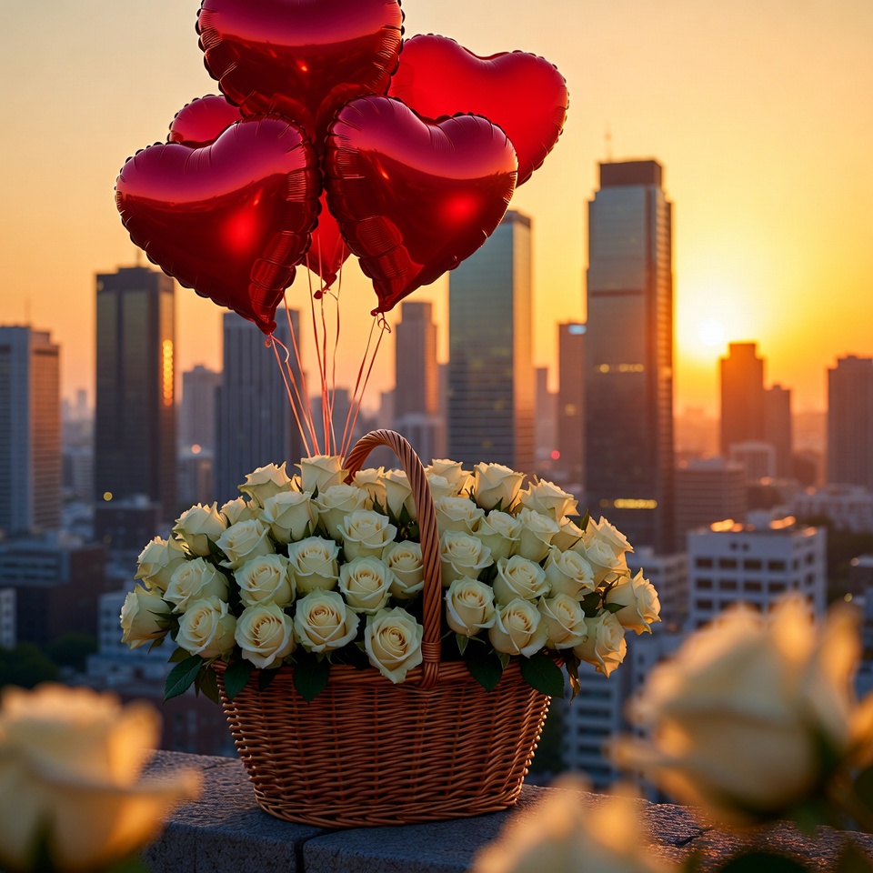 Red Heart Balloons White Roses Sunset Cityscape Red Heart Balloons White Roses Sunset Cityscape