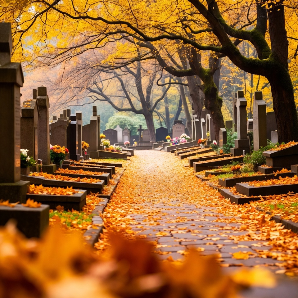 Autumn pathway in cemetery with gravestones Autumn pathway in cemetery with gravestones
