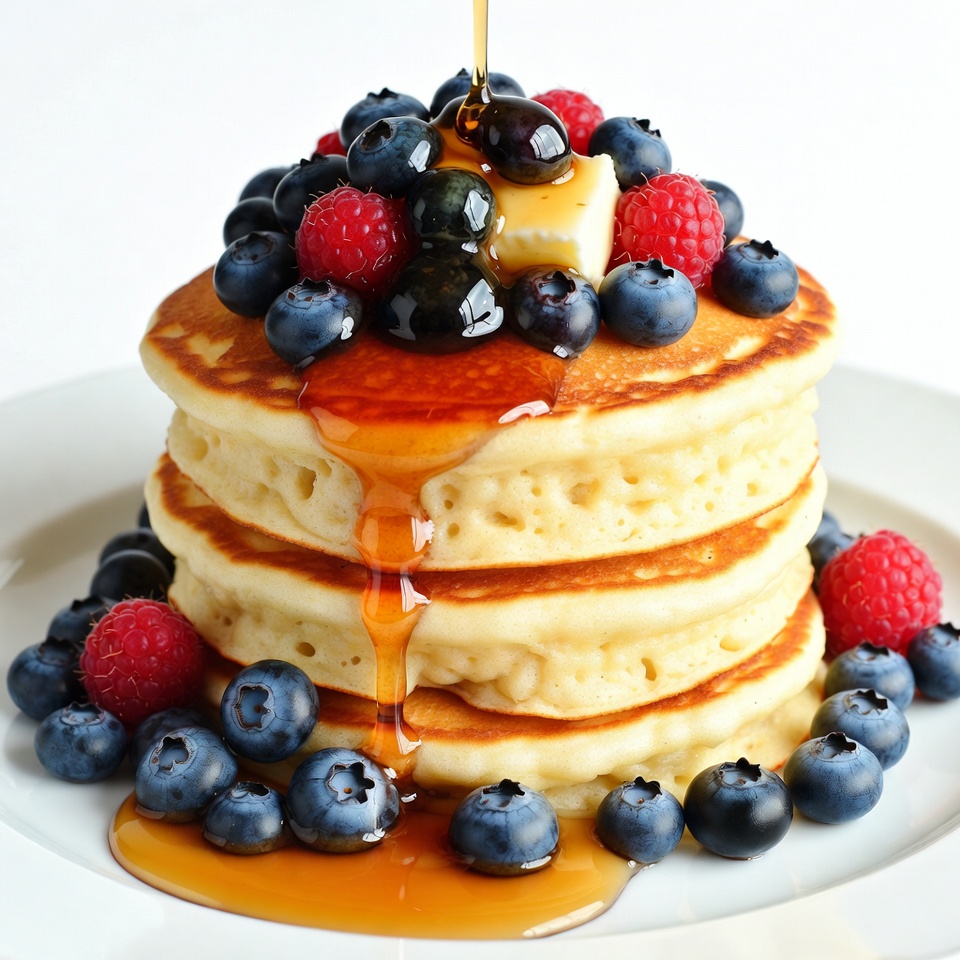 Pancakes with Blueberries, Raspberries and Maple Syrup Pancakes with Blueberries, Raspberries and Maple Syrup
